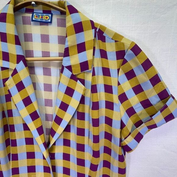 LHD Blue Plum Yellow Gingham Button Down Short Sleeve Silk Dress Size 4 - Picture 2 of 12